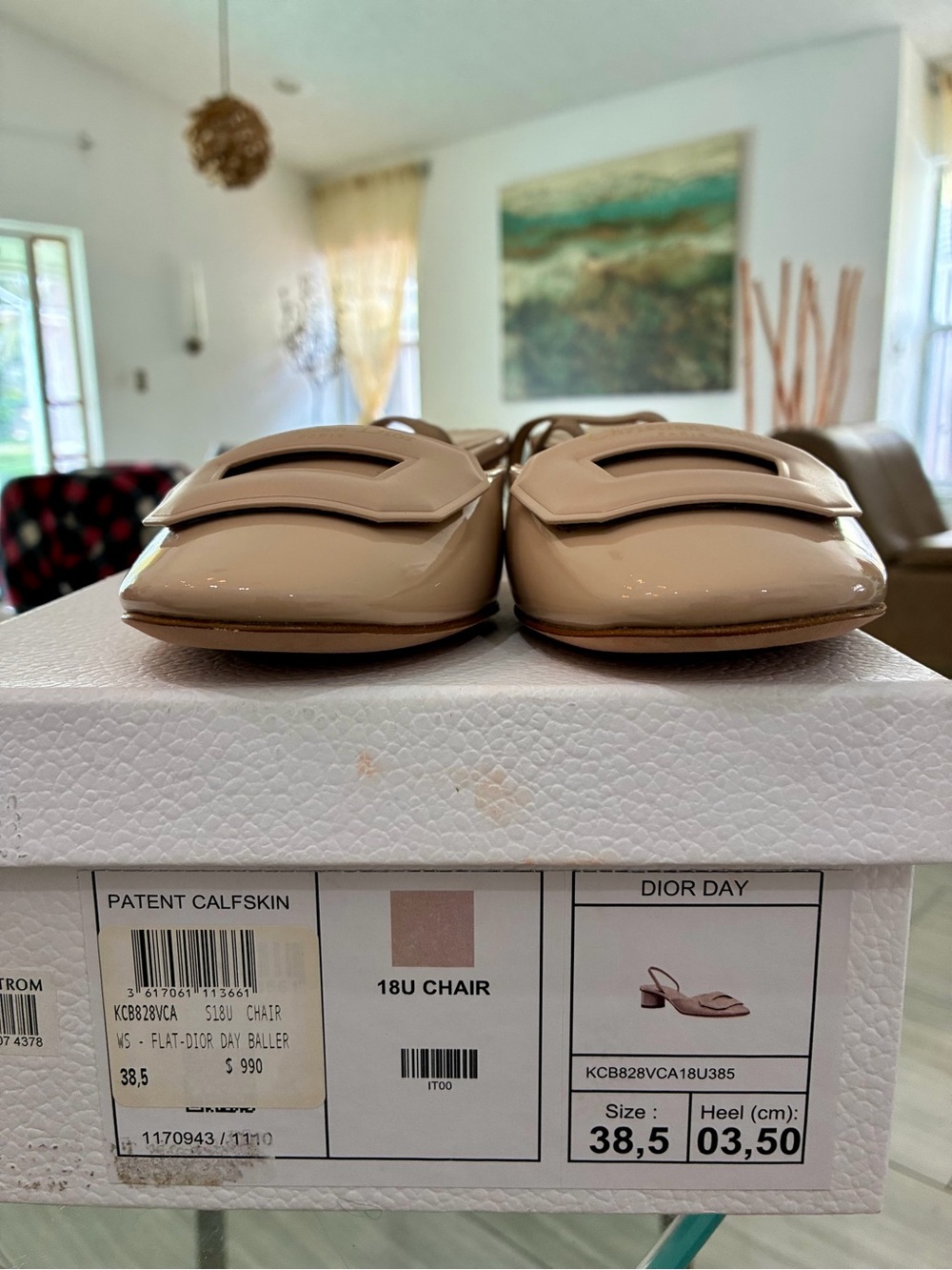 DIOR DAY SLING BALLERINA PUMP NEUTRAL BEIGE CALF PAT. LEATHER LOGO SZ 38.5 NEW - Picture 15 of 16